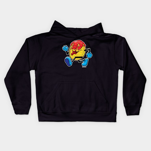 Happy Smiling Waffle Mascot strutting with strawberries and strawberry syrup Kids Hoodie by eShirtLabs